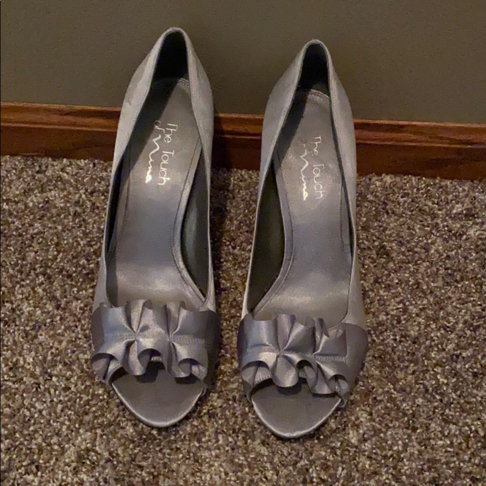 Silver open toe heels; size 9